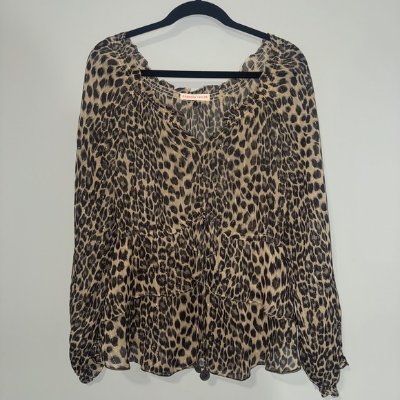 Rebecca Taylor Tops - Rebecca Taylor Leopard‎ Print Tiered Blouse Smocked Neck Metallic Gold Accents